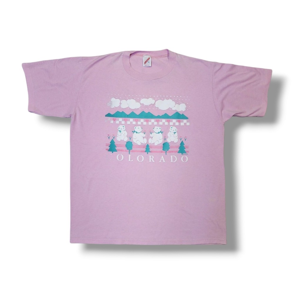 Vintage Jerzees Colorado Puffy Teddy Bear Graphics Pink 1988 T-Shirt Women's XL